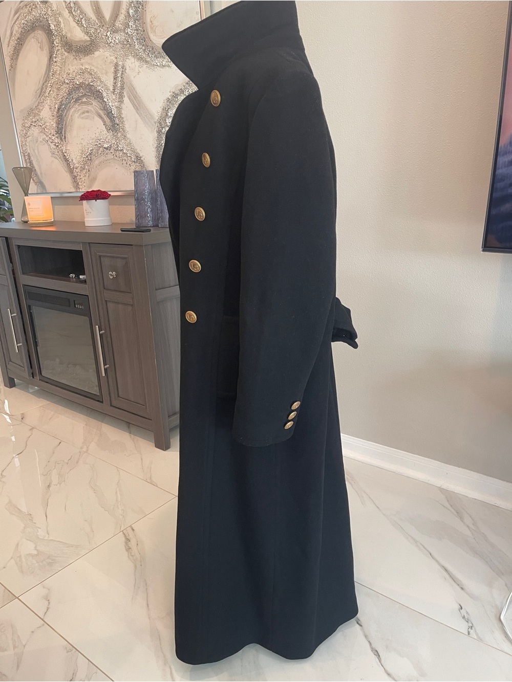 Vintage Liz Claiborne Women Black Double-Breasted Wool Coat, Gold Buttons Sz 12 - Picture 3 of 12